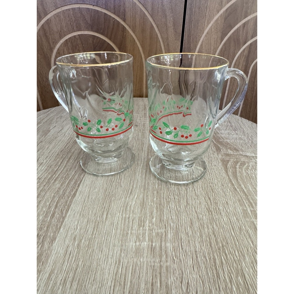 Vintage Arby's Libbey Holly Berry Footed Gold Rim Glass Christmas Mug Set of 2